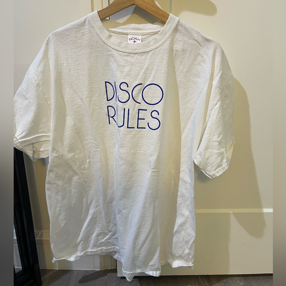 NOAH White T-Shirt with Blue 'DISCO RULES' Print